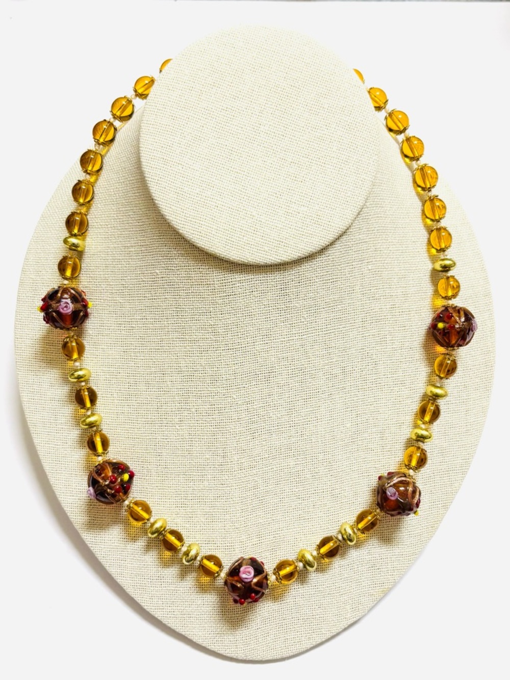 Vintage Wedding Cake Amber Glass and Gold Bead Necklace 18 inch
